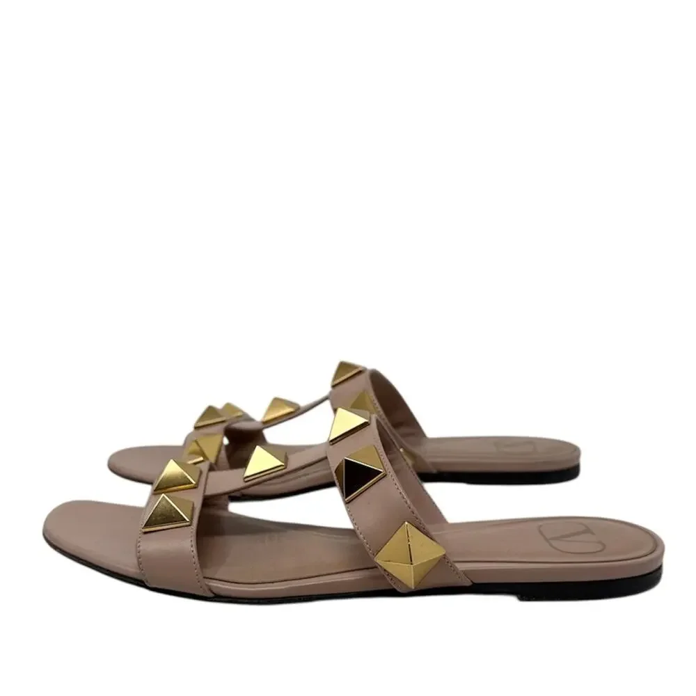 Valentino Garavani Roman Stud Flat Slide Neutral Nude Beige Sandals Size 37